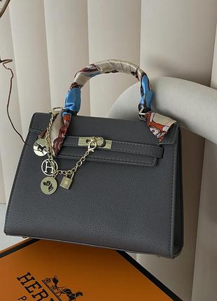 Сумка hermes kelly medium size з хустинкою сірий