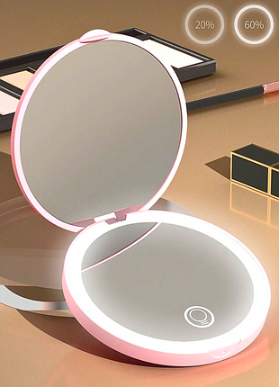 Косметическое зеркало с led подсветкой от usb розовое, карманное зеркальце для макияжа с 10х увеличением