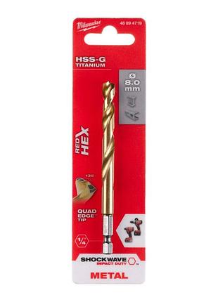 Свердло по металу redhex shockwave hss-tin milwaukee, діаметр 8,0х111х70мм (48894719)