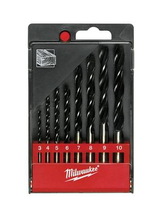 Набор сверл трехточечных по дереву milwaukee, din 7487, (диаметр 3/4/5/6/7/8/9/10мм) 4932352466