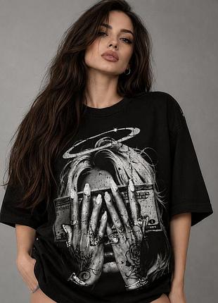 Женская чёрная футболка с принтом девушки — vintage grunge