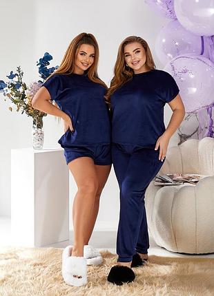 Плюшая піжама тройка футболка шорти штани xxl-xxxl темно синій