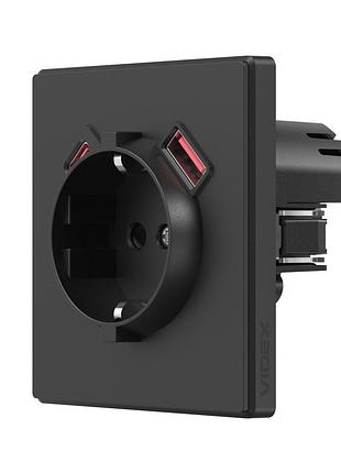 Розетка одинарная с заземлением usb-a+c 20w угольно-черная videx nota (vf-nt-sk1guc-bl)