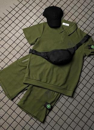 Чоловічий спортивний костюм stone island з футболкою та шортами, хакі