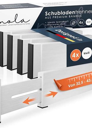 Роздільники для шухляд mola premium bamboo, білі, набір з 4 штук (32,5 - 43,5 см) з нековзними накладками