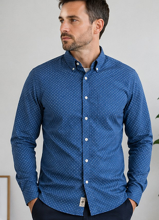 Чоловіча сорочка timberland slim fit синя в дрібний білий горошок, розмір m