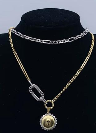 Колье двухслойное alexander mcqueen skull gold/silver люкс качество