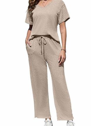 Пижамный комплект yutdeng женский ребристый с топом и широкими брюками beige s