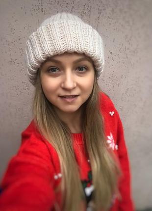 Шапка такори молочна бежева мітенки в'язана шапка тепла пухнаста