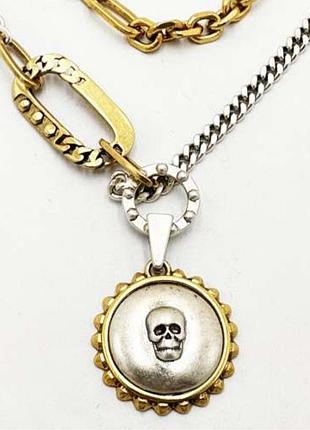 Колье двухслойное alexander mcqueen skull silver/gold люкс качество