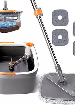 Швабра з безконтактним віджиманням і відром 5,8 л, сіра/швабра з самовіджимом для миття підлоги з відром
