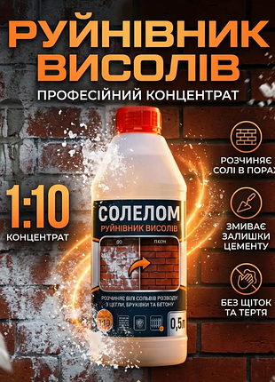 Засіб від висолів солелом 1л — руйнівник сольових відкладень та нальоту на цеглі і бруківці