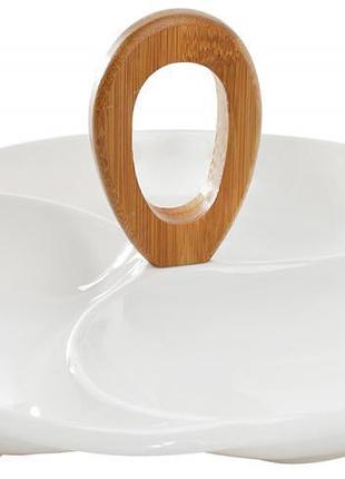 Менажница керамическая ceram-bamboo 3 секции белая, 29х29х13.5см - блюдо для сервировки с бамбуковой ручкой