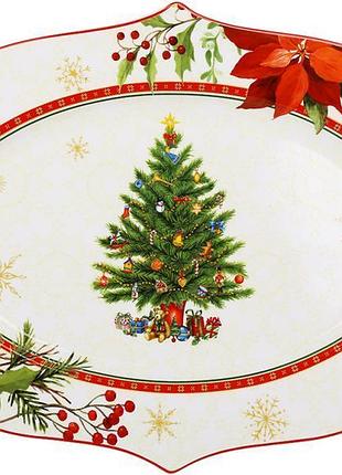 Блюдо фарфорове "christmas story" овальне 35х25 см біле з червоним новорічним декором