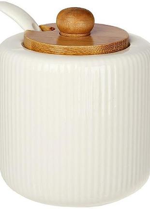 Сахарница ceram bamboo grace ø8х9см (200мл) фарфоровая с ложкой и деревянной крышкой белая