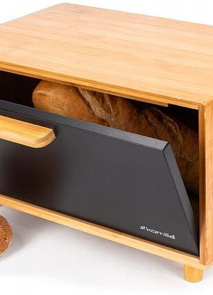 Хлебница kamille black&wood бамбуковая 36х26х23см черная с металлической крышкой