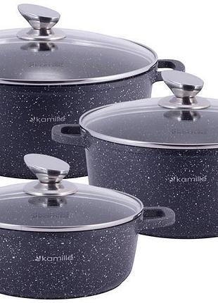 Набір 3 каструлі kamille landes black 2.3л, 4.5л, 6.5л, з двома прихватками