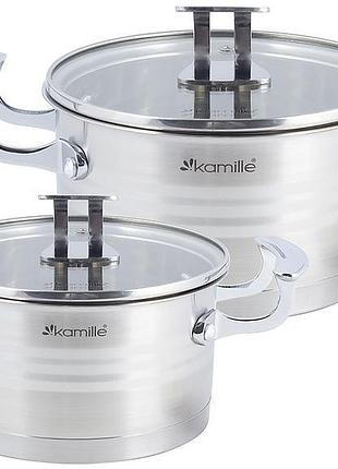 Набір 2 каструлі kamille casserote 1.5л і 2.4л з нержавіючої сталі зі скляними кришками