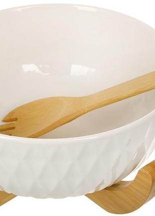 Салатниця порцелянова ceram-bamboo romb 3л з бамбуковою підставкою та ложкою