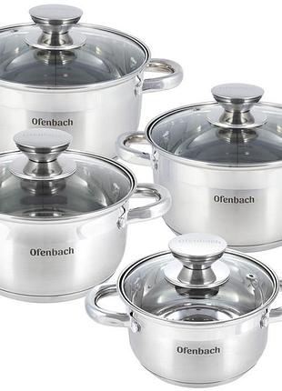 Набір 4 каструлі ofenbach casserole із нержавіючої сталі (1.1л, 1.7л, 2.4л, 3.4л) зі скляними кришками