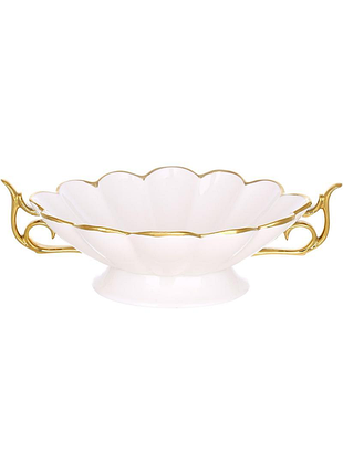 Фруктовница фарфоровая gold luxury 26х18х9см с ручками, золотой декор, белая