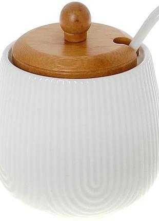 Сахарница фарфоровая nouvelle home viola 350мл с ложкой и деревянной крышкой, белая ø9х11см