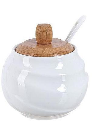 Цукорниця керамічна ceram-bamboo 300мл з ложкою, білий фарфор, декор волна, подарункова