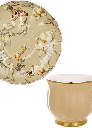 Фарфоровый сервиз beige magnolia на 6 персон: чашки 200мл с блюдцами, цветочный декор, золотые акценты, подарочный