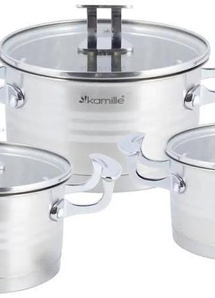 Набір 3 каструлі kamille casserote 1.7л, 2.4л, 3.1л з нержавіючої сталі зі скляними кришками