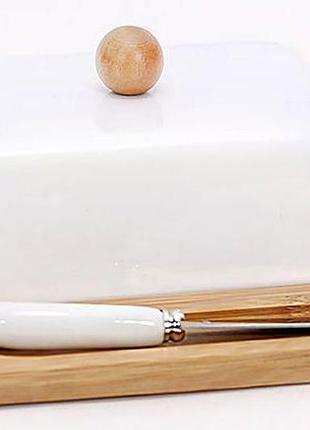 Маслянка керамічна біла ceram-bamboo з бамбуковим блюдцем та ножем для масла