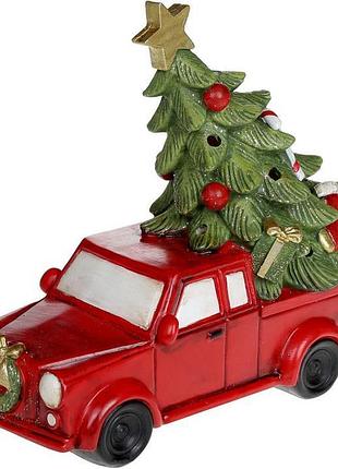 Декоративная статуэтка красный автомобиль с ёлкой, полистоун, led подсветка, 22х9.5х19см