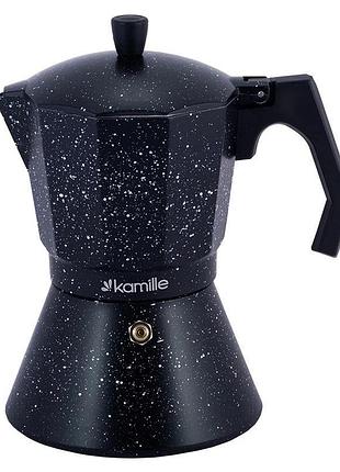 Кавоварка гейзерна kamille andel black 450мл на 9 чашок, алюмінієва, для будь-якої плити, з бакелітовою ручкою
