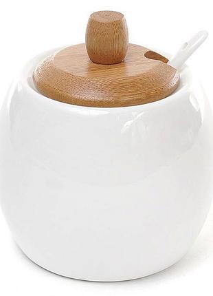 Сахарница керамическая ceram bamboo ø9х12см с ложкой, бамбуковой крышкой, емкость для специй, меда