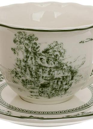 Чайний фарфоровий сервіз heritage toile green на 6 персон, 6 чашок 320мл з блюдцями, зелений декор