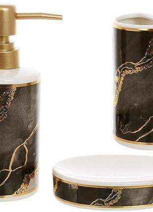 Набір аксесуарів для ванної bright black marble gold 3 предмети: керамічний дозатор для мила, мильниця, стакан для щіток