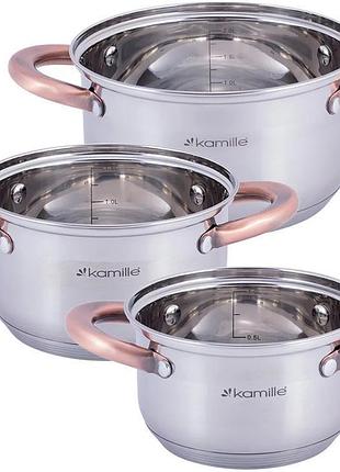 Набор 3 кастрюли kamille catalin 1л, 1.5 л, 2л из нержавеющей стали с мерной шкалой