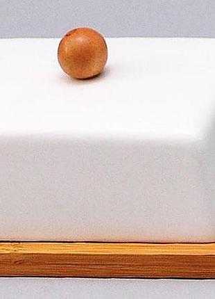Масленка керамическая с бамбуковой подставкой 14х12 см, белая