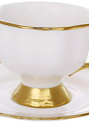 Чайный сервиз golden grace, фарфоровый, на 6 персон, 6 чашек 250 мл с блюдцами, белый с золотой каймой