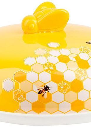 Блюдо керамічне для млинців "sweet honey" ø23см з кришкою, біле з жовтим принтом
