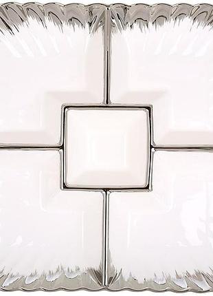 Блюдо-минажниця white city star, 5 секцій, білий фарфор, срібний декор, 32х17см
