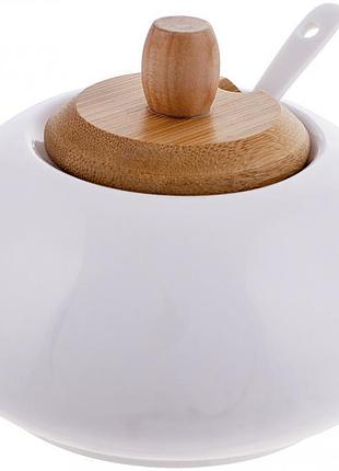 Цукорниця ceram bamboo ø12х9см біла порцеляна з бамбуковою кришкою та ложкою