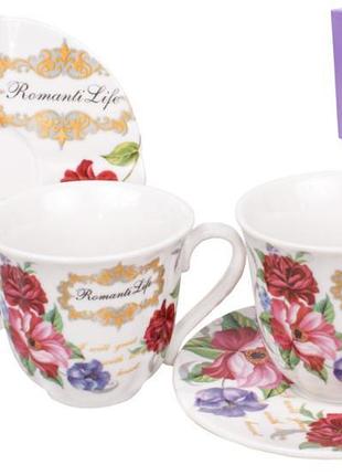 Кофейный набор romantic life e98: 2 чашки 90мл с блюдцами, белый фарфор, цветочный рисунок, подарочный