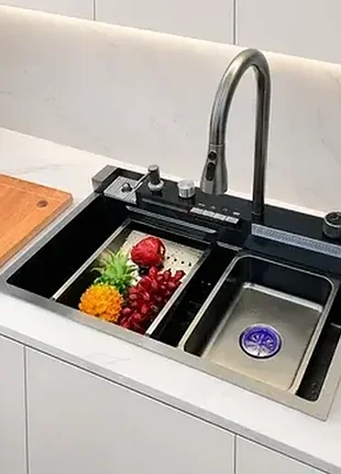 Кухонна мийка handmade водоспад 75x45 чорна + змішувач