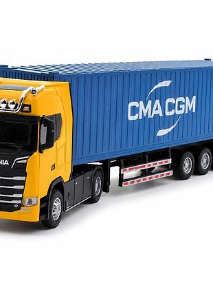 Металлический грузовик scania s730 1:50, фура-контейнероз с трейлером, светятся фары, звук двигателя, инерция