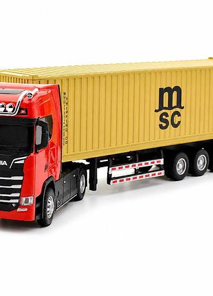 Игрушечная фура scania s730 1:50, металлический тягач с контейнером и прицепом, свет фар, звук двигателя, инерционная