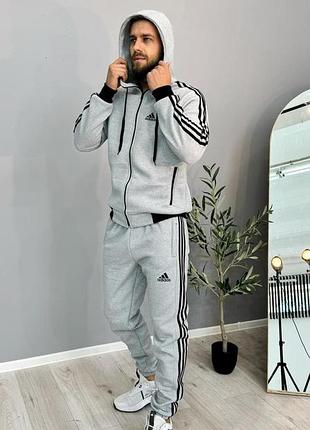 Спортивный костюм мужской adidas серый на флисе с капюшоном xl