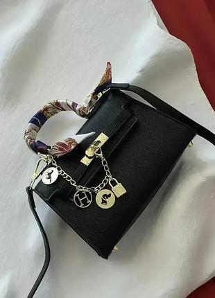 Шкіряна жіноча сумка hermes kelly з хустинкою стильна сумочка для дівчини гермес брендова класична для жінки