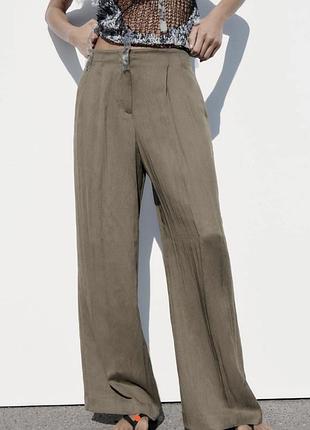Штани zara l бежеві лляні з високою посадкою