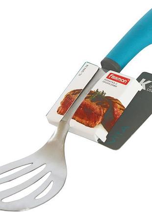 Лопатка с прорезями fissman vita 33 см, нержавеющая сталь, голубая ручка, для жарки, переворачивания