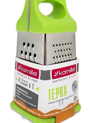 Тёрка-шинковка kamille 22см 4х гранная из нержавеющей стали, с контейнером и салатовой ручкой